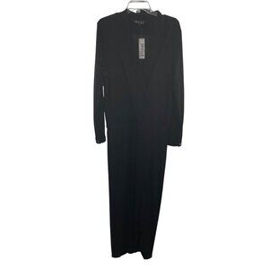 Single Women's Long Sleeve Maxi Dress Faux Wrap Deep V-Neck Black Large New